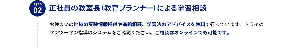 STEP02 教育プランナー 「トライさん」による学習相談 お住まいの地域の受験情報や進路相談、学習法のアドバイスを無料で行っています。 トライのマンツーマン指導のシステムをご確認ください。ご相談はご自宅以外でも可能です。