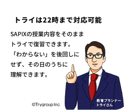 トライは22時まで対応可能。SAPIXの授業内容をそのままトライで復習できます。「わからない」を後回しにせず、その日のうちに理解できます。