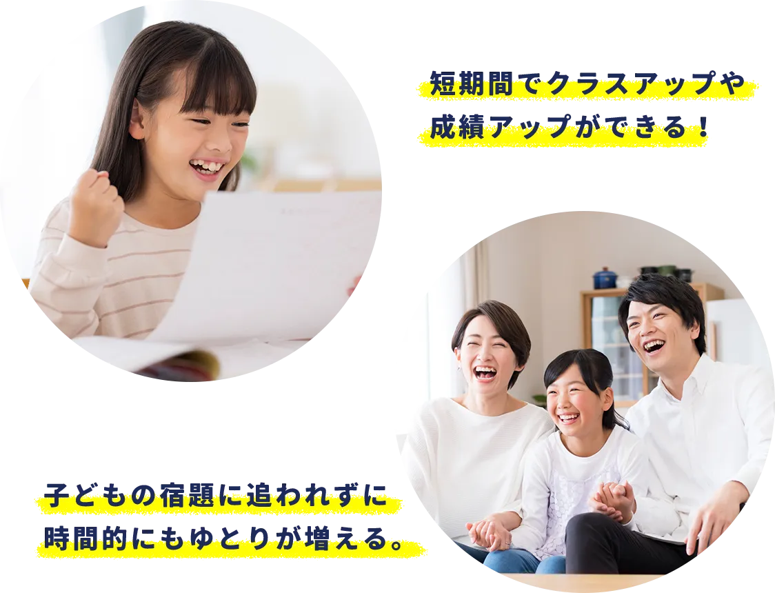 短期間でクラスアップや成績アップができる！、子どもの宿題に追われずに時間的にもゆとりが増える。