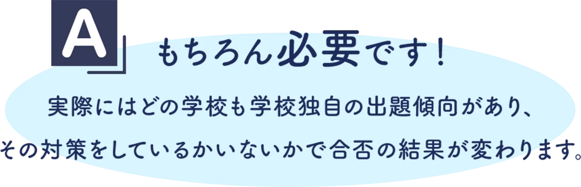 A.もちろん必要です！実際にはどの学校も学校独自の出題傾向があり、その対策をしているかいないかで合否の結果が変わります。