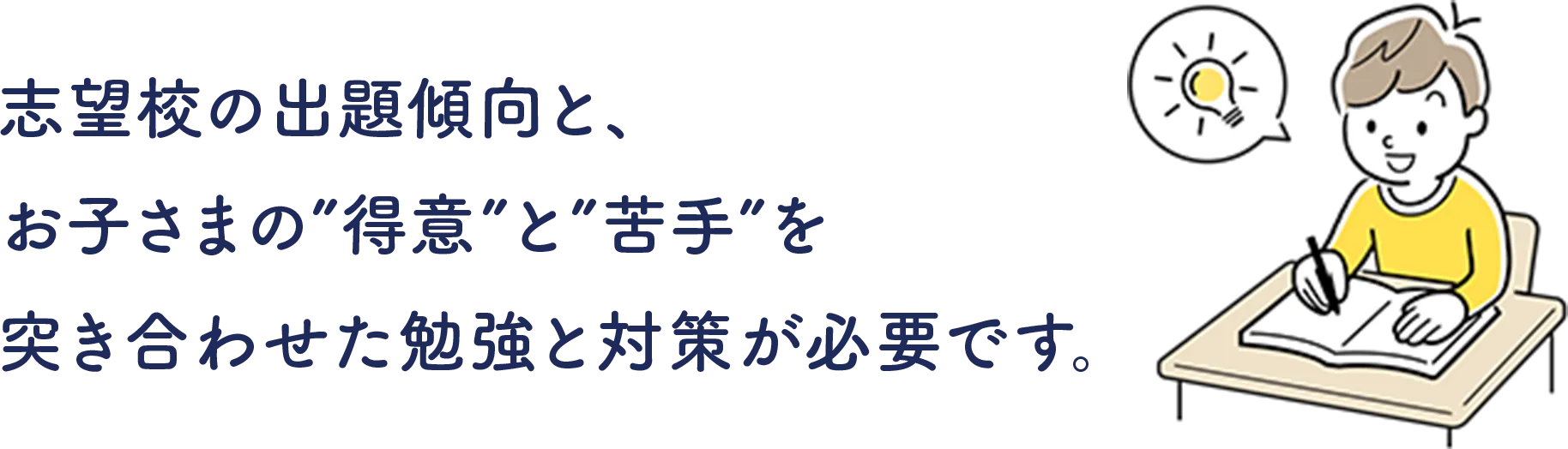 志望校の出題傾向と、お子さまの”得意”と”苦手”を突き合わせた勉強と対策が必要です。