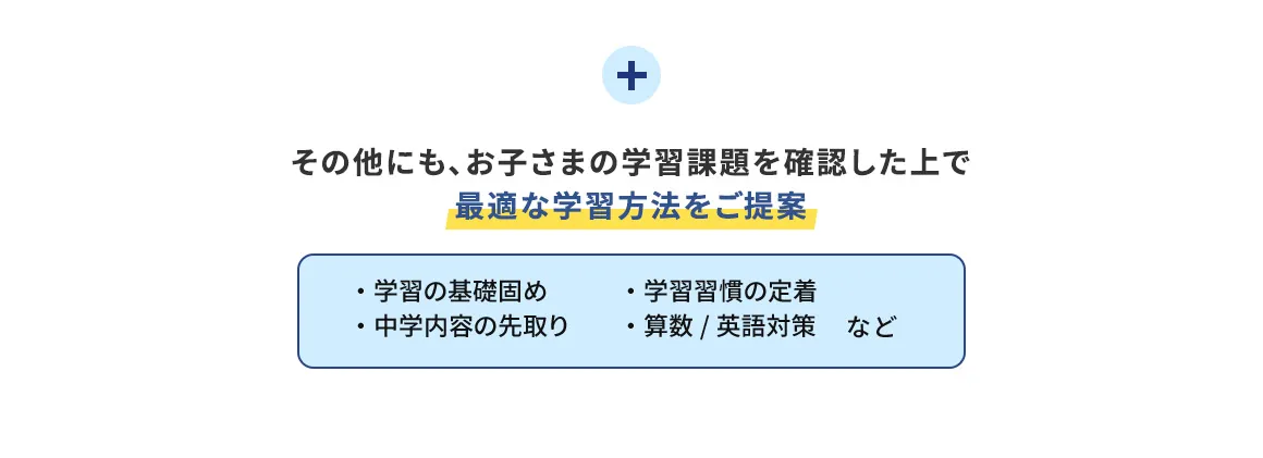 その他にも、お子さまの学習課題を確認した上で最適な学習方法をご提案 ・学習の基礎固め ・中学内容の先取り ・学習習慣の定着 ・算数／英語対策 など