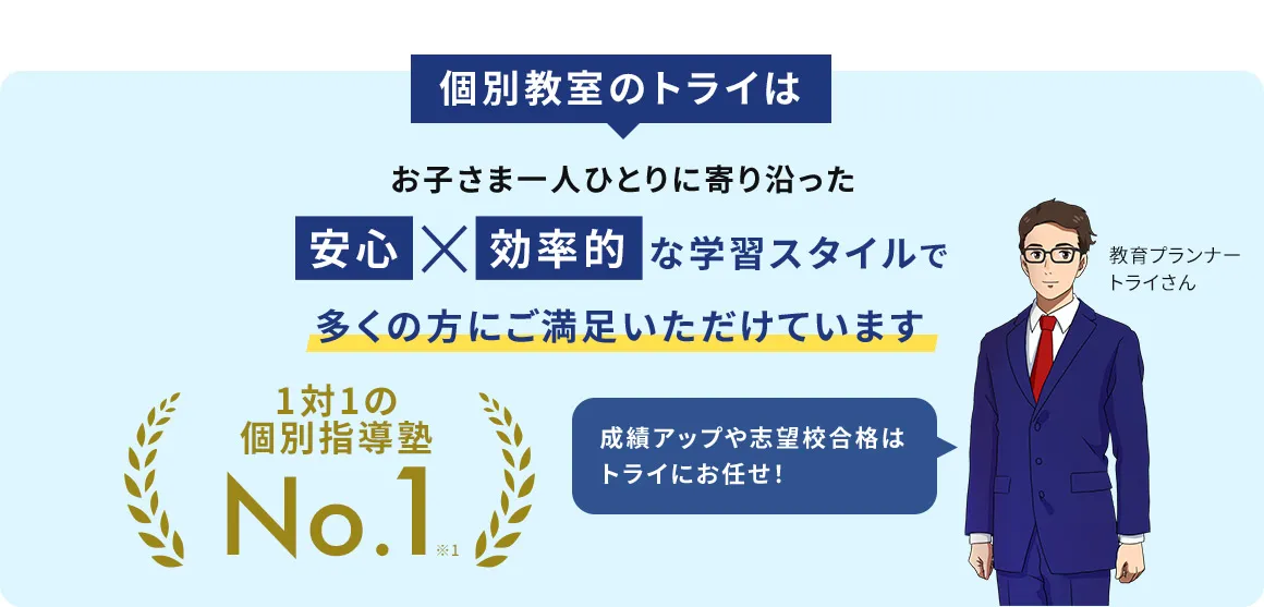 個別教室のトライは お子さま一人ひとりに寄り沿った 安心 × 効率的 な学習スタイルで多くの方にご満足いただけています 1対1の個別指導塾No.1※1 成績アップ志望校合格はトライにお任せ！ 教育プランナー トライさん