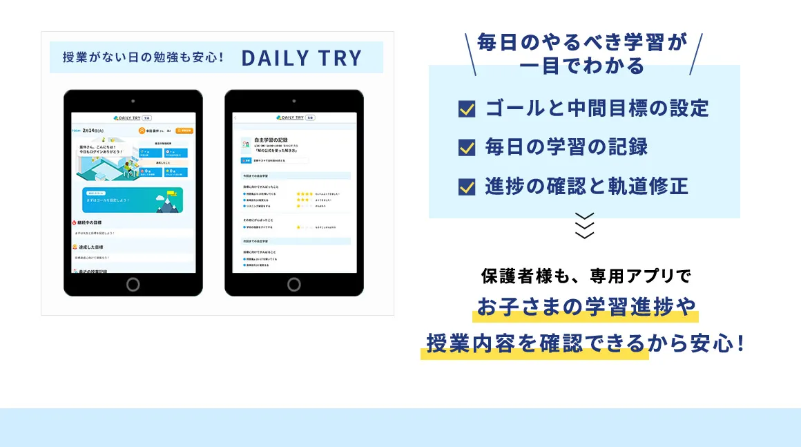 授業がない日の勉強も安心！ DAILY TRY 毎日のやるべき学習が一目でわかる ゴールと中間目標の設定 毎日の学習の記録 進捗の確認と軌道修正 保護者様も、専用アプリでお子さまの学習進捗や授業内容を確認できるから安心！