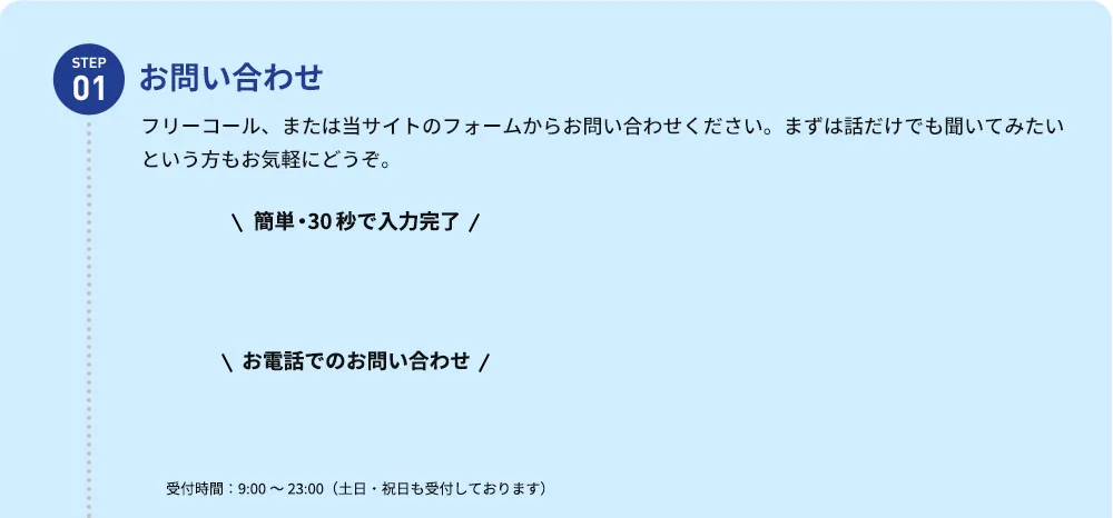 STEP01 お問い合わせ フリーコール、または当サイトのフォームからお問い合わせください。まずは話だけでも聞いてみたいという方もお気軽にどうぞ。 簡単・30秒で入力完了  お電話でのお問い合わせ 受付時間：9：00から23：00(土日・祝日も受付しております)