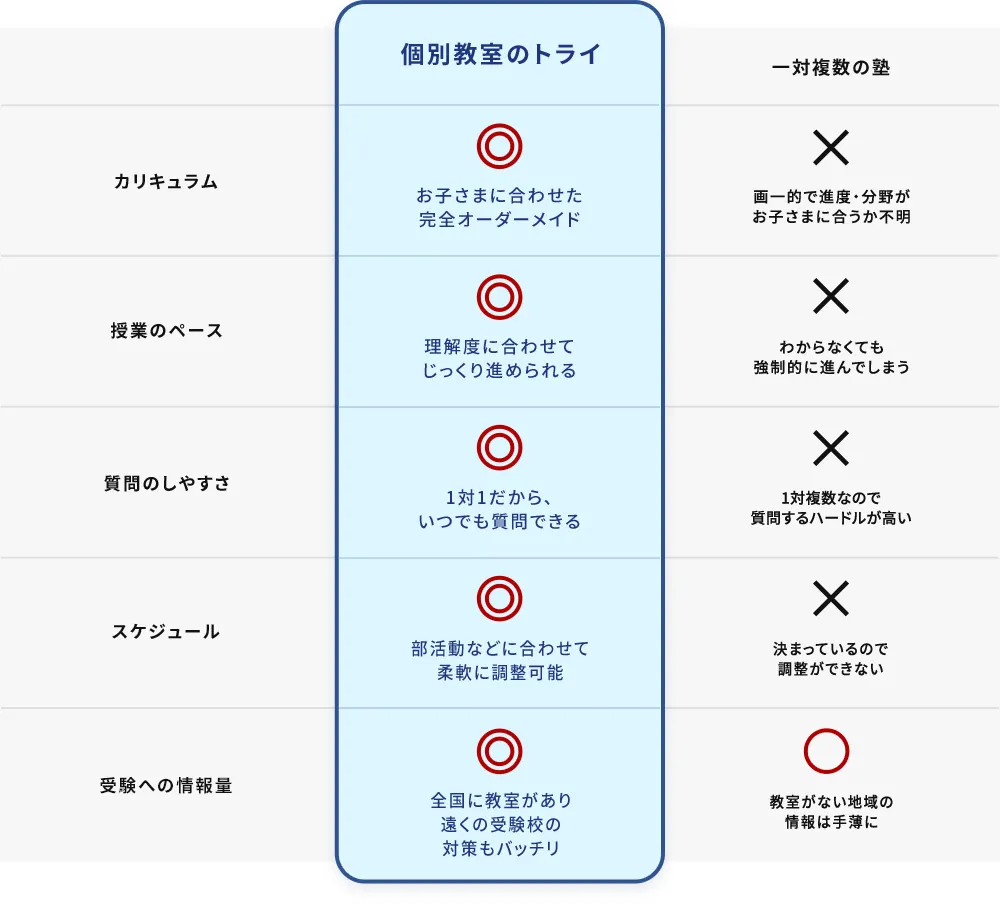 個別教室のトライと一対複数の塾比較図