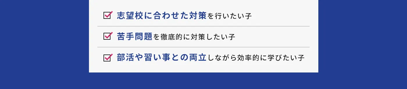 志望校に合わせた対策を行いたい子 苦手問題を徹底的に対策したい子 部活や習い事との両立しながら効率的に学びたい子