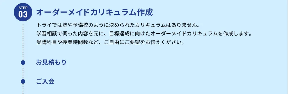 STEP03 オーダーメイドカリキュラム作成 トライでは塾や予備校のように決められたカリキュラムはありません。学習相談で伺った内容を元に、目標達成に向けたオーダーメイドカリキュラムを作成します。受講科目や授業時間数など、ご自由にご要望をお伝えください。 お見積もり ご入会