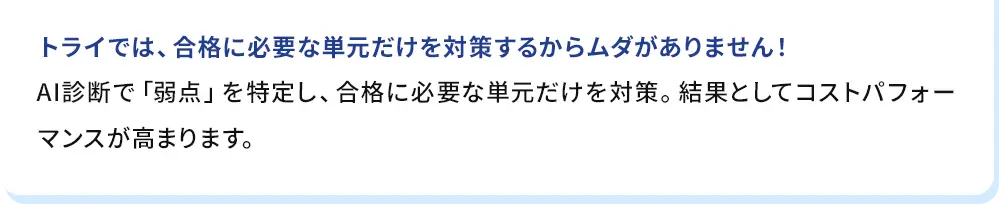 トライでは、合格に必要な単元だけを対策するからムダがありません！AI診断で「弱点」を特定し、合格に必要な単元だけを対策。結果としてコストパフォーマンスが高まります。