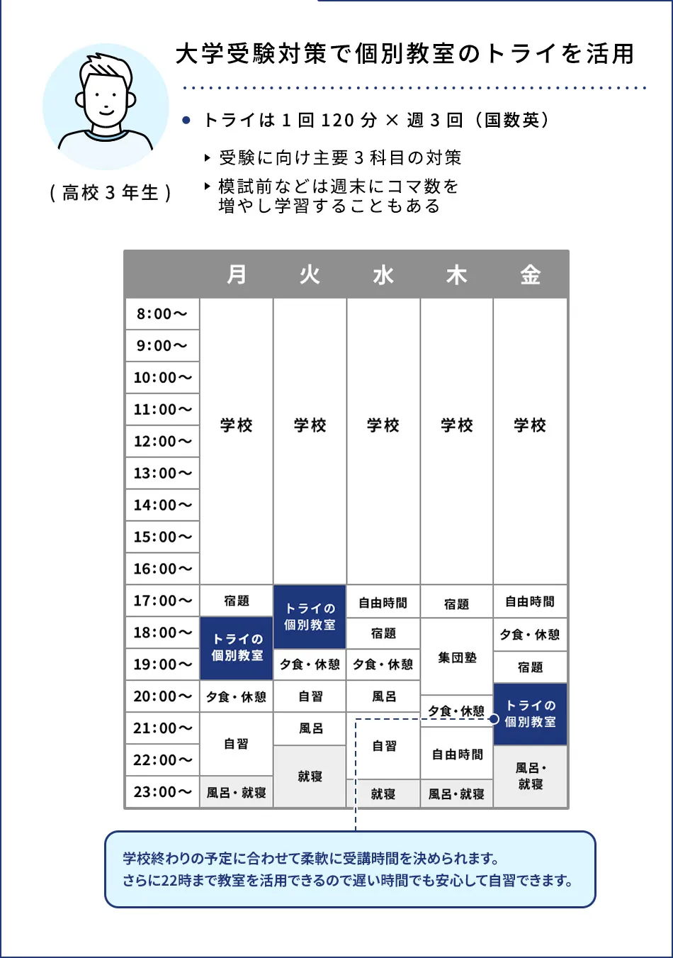 (高校3年生) 大学受験対策で個別教室のトライを活用 トライは1回120分×週3回(国数英) 受験に向け主要3科目の対策 模試前などは週末にコマ数を増やし学習することもある
