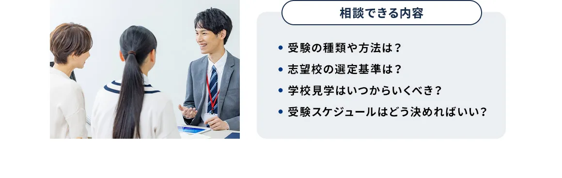 相談できる内容 ・受験の種類や方法は？ ・志望校の選定基準は？ ・学校見学はいつからいくべき？ ・受験スケジュールはどう決めればいい？