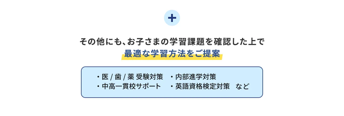 その他にも、お子さまの学習課題を確認した上で最適な学習方法をご提案 ・医／歯／薬 受験対策 ・内部進学対策 ・中高一貫校サポート ・英語資格検定対策 など