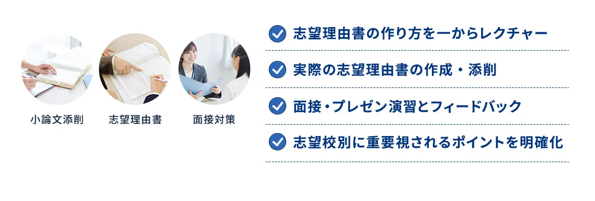 小論文添削 志望理由書 面接対策 志望理由書の作り方を一からレクチャー 実際の志望理由書の作成・添削 面接・プレゼン演習とフィードバック 志望校別に重要視されるポイントを明確化