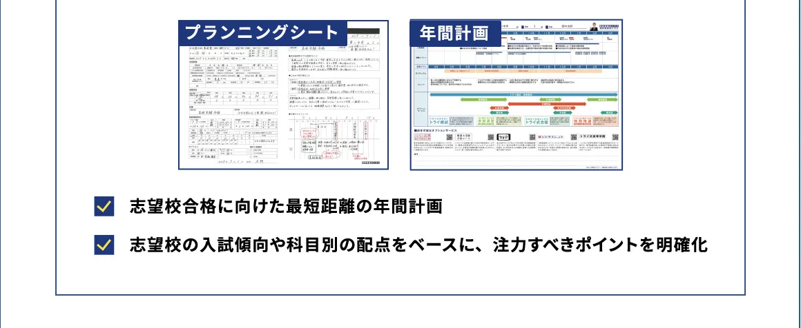 プランニングシート 年間計画 志望校合格に向けた最短距離の年間計画 志望校の入試傾向や科目別の配点をベースに、注力すべきポイントを明確化