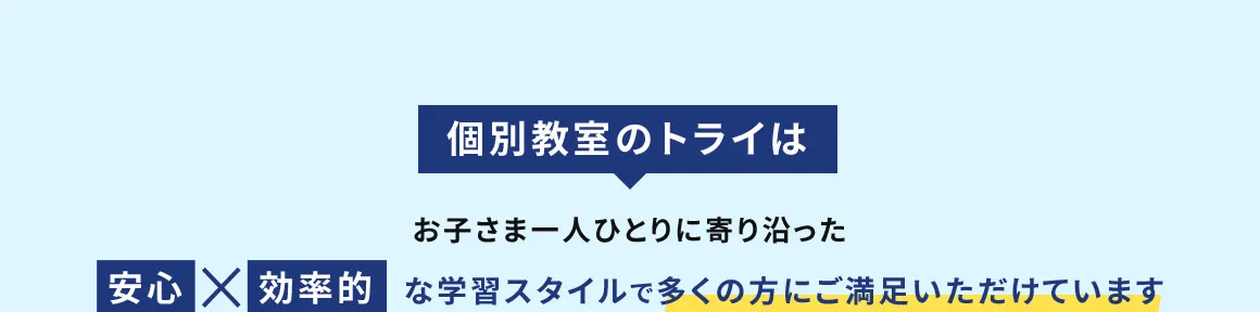 個別教室のトライは お子さま一人ひとりに寄り沿った 安心 × 効率的な学習スタイルで多くの方にご満足いただけています
