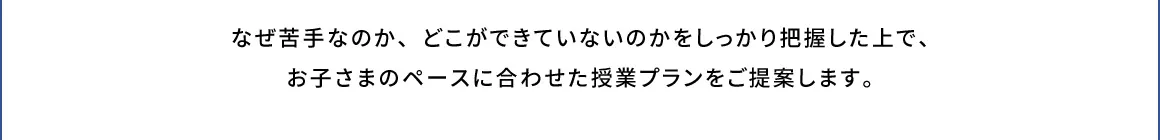 なぜ苦手なのか、どこができていないのかをしっかり把握した上で、お子さまのペースに合わせた授業プランをご提案します。