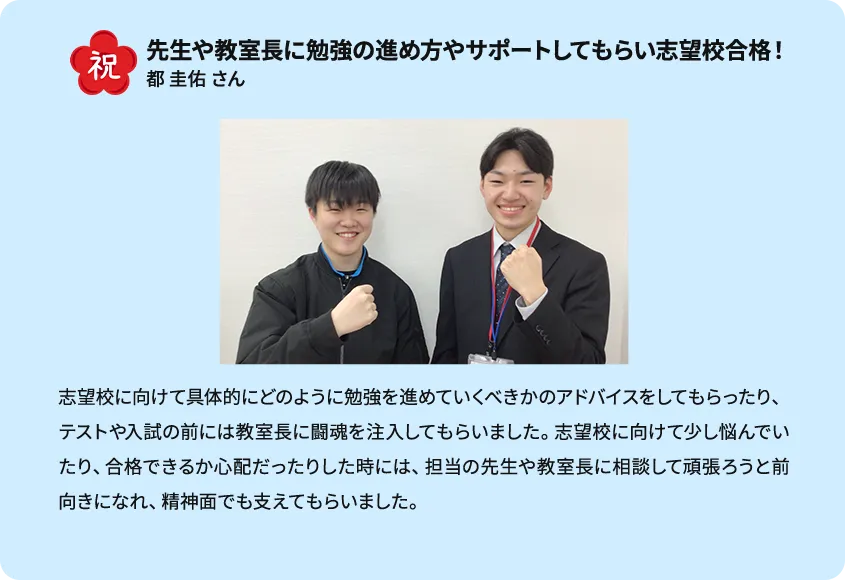 祝 先生や教室長に勉強の進め方やサポートしてもらい志望校合格！ 志望校に向けて具体的にどのように勉強を進めていくべきかのアドバイスをしてもらったり、テストや入試の前には教室長に闘魂を注入してもらいました。志望校に向けて少し悩んでいたり、合格できるか心配だったりした時には、担当の先生や教室長に相談して頑張ろうと前向きになれ、精神面でも支えてもらいました。 都圭佑さん