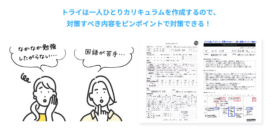 トライは一人ひとりカリキュラムを作成するので、対策すべき内容をピンポイントで対策できる！