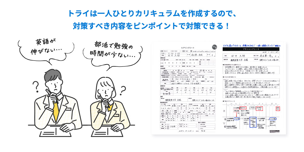 お子さまに最適な 学習カリキュラムを組むことができる 英語が伸びない… 部活で勉強の 時間が少ない…