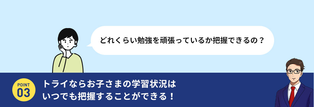 どれくらい勉強を頑張っているか把握できるの？ 03.トライならお子さまの学習状況はいつでも把握することができる！