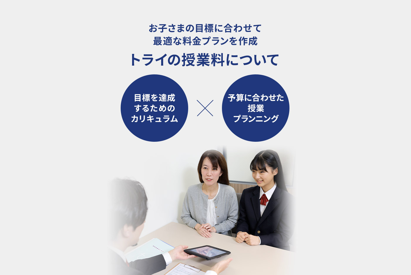 お子さまの目標に合わせて 最適な料金プランを作成 トライの授業料について 目標を達成するためのカリキュラム 予算に合わせた授業プランニング