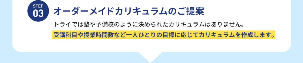 STEP 03 オーダーメイドカリキュラムのご提案 トライでは塾や予備校のように決められたカリキュラムはありません。 受講科目や授業時間数など一人ひとりの目標に応じてカリキュラムを作成します。