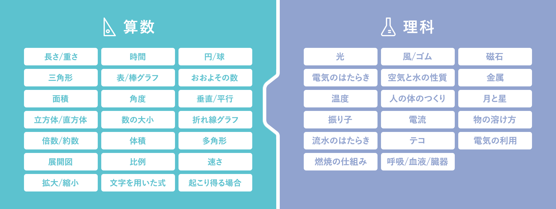 算数:
長さ/重さ
時間
円/球
三角形
表/棒グラフ
おおよその数
面積
角度
垂直/平行
立方体/直方体
数の大小
折れ線グラフ
倍数/約数
体積
多角形
展開図
比例
速さ
拡大/縮小
文字を用いた式
起こり得る場合
理科:
光
風/ゴム
磁石
電気のはたらき
空気と水の性質
金属
温度
人の体のつくり
月と星
振り子
電流
物の溶け方
流水のはたらき
テコ
電気の利用
燃焼の仕組み
呼吸/血液/臓器